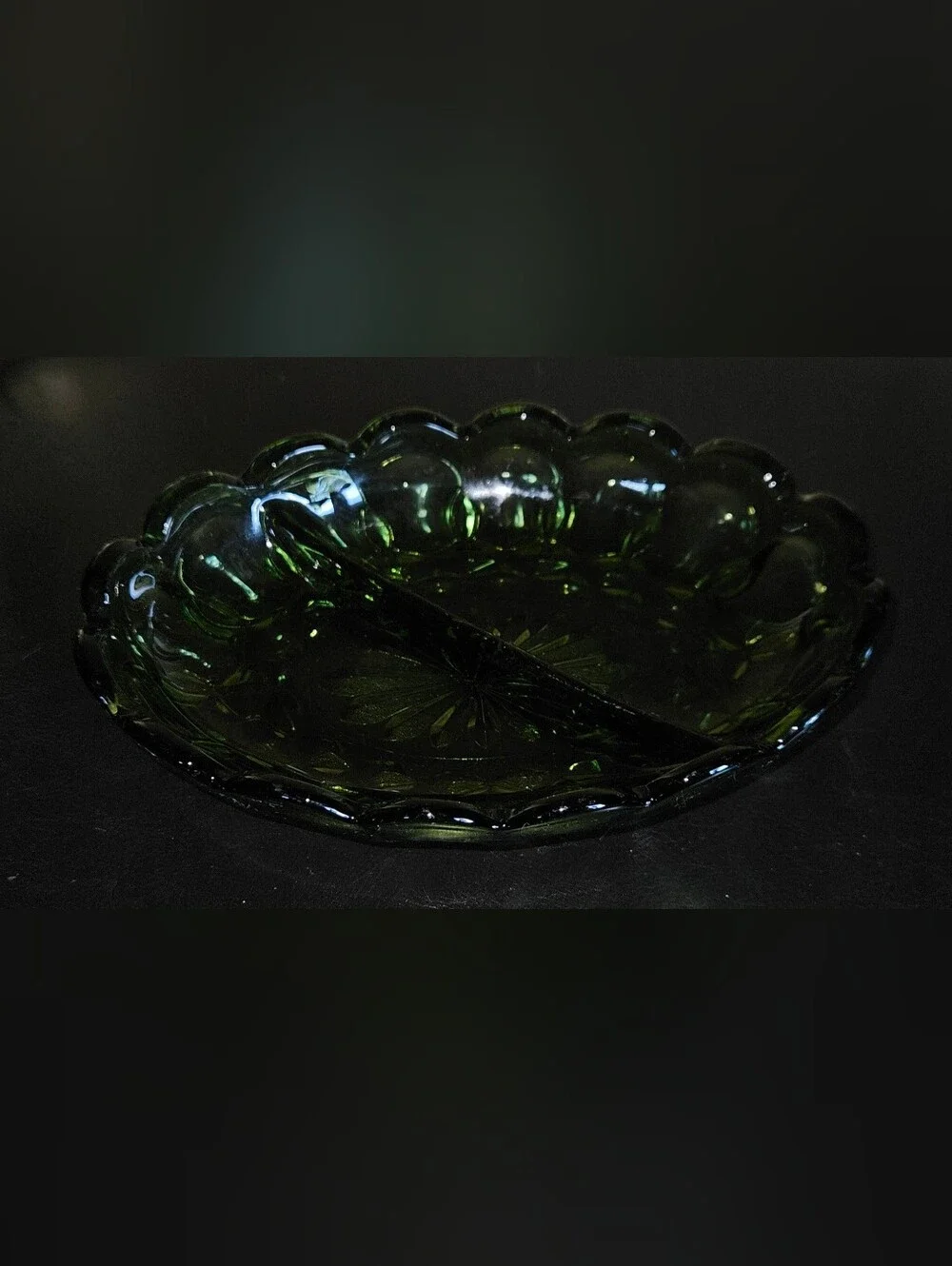 Vintage Anchor Hock Olive Green Glass Oval Serving Dish Divided Scalloped Edge